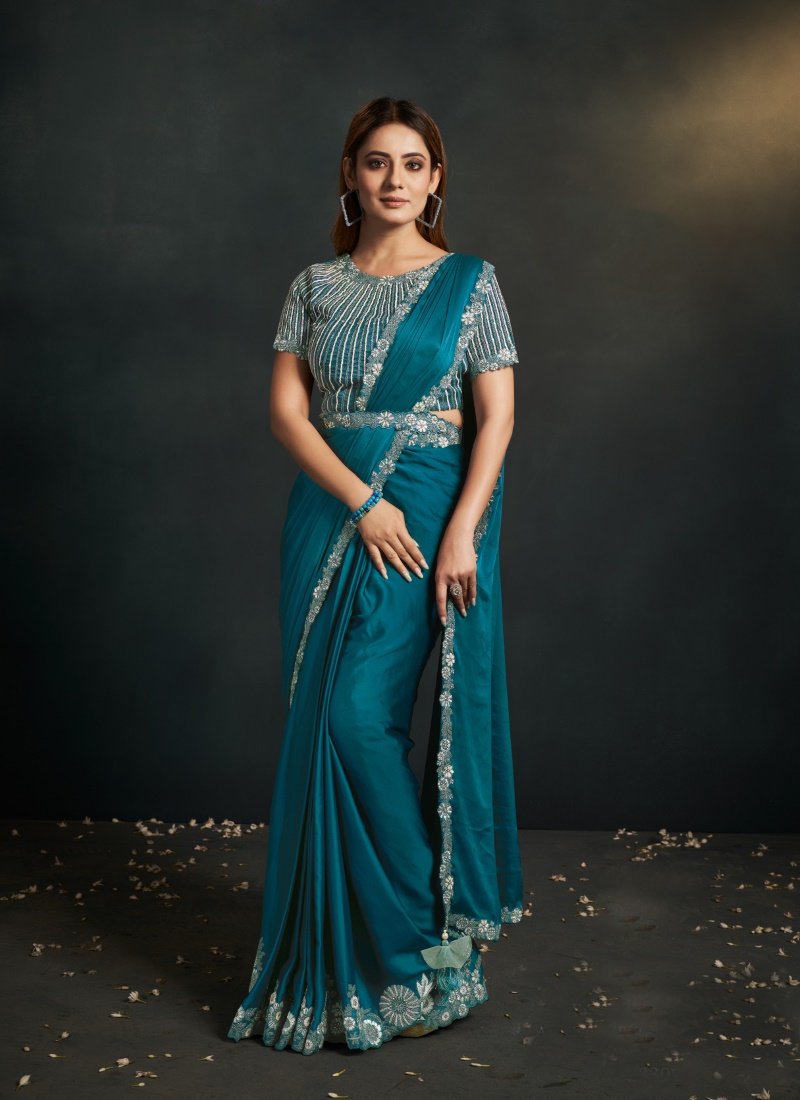 Teal Blue Silk Party Wear Designer Saree With Sequins, Stone and Thread Work