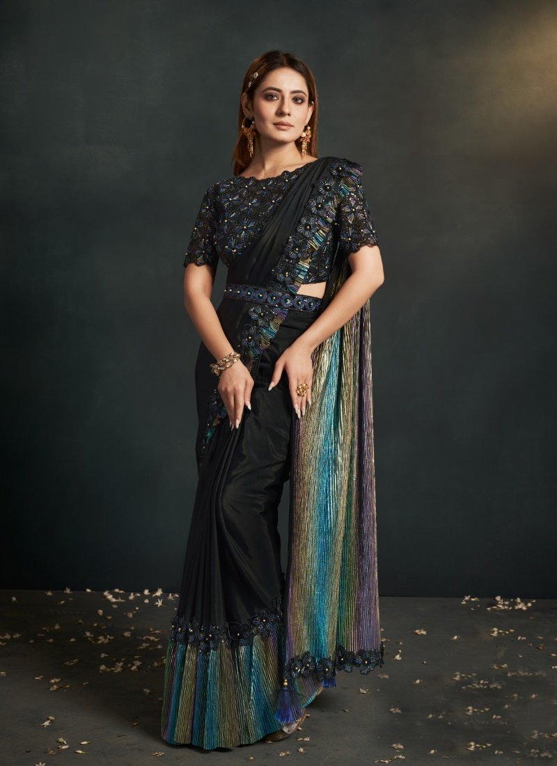 Black Silk Party Wear Designer Saree With Sequins, Stone and Thread Work