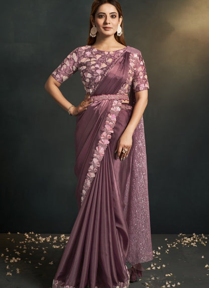 Light Purple Silk Party Wear Designer Saree With Sequins, Stone and Thread Work