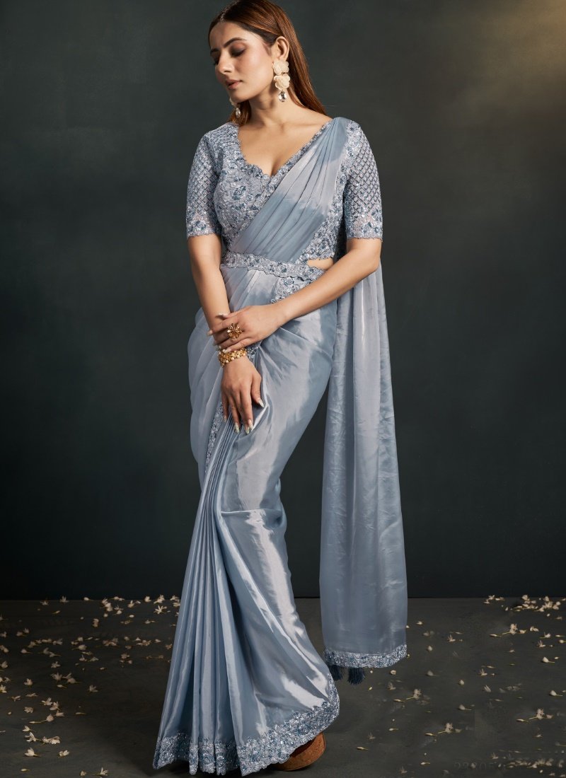 Gray Silk Party Wear Designer Saree With Sequins, Stone and Thread Work