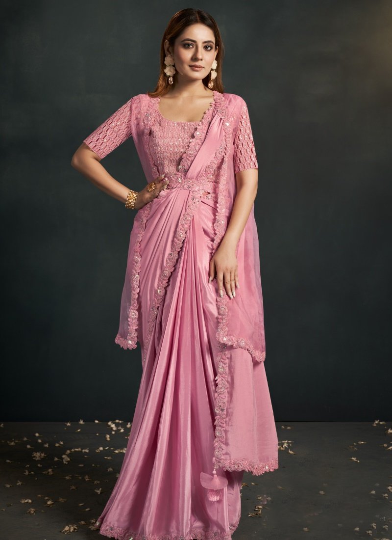 Pink Silk Party Wear Designer Saree With Sequins, Stone and Thread Work