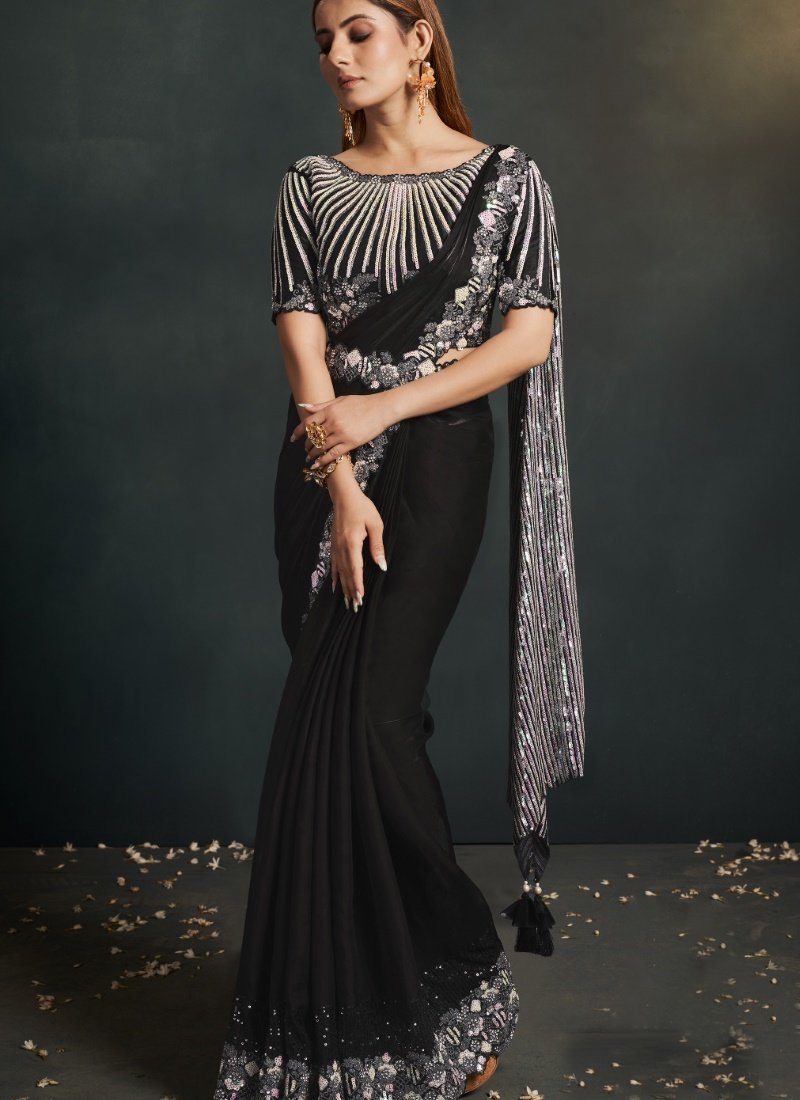 Black Silk Party Wear Designer Saree With Sequins, Stone and Thread Work