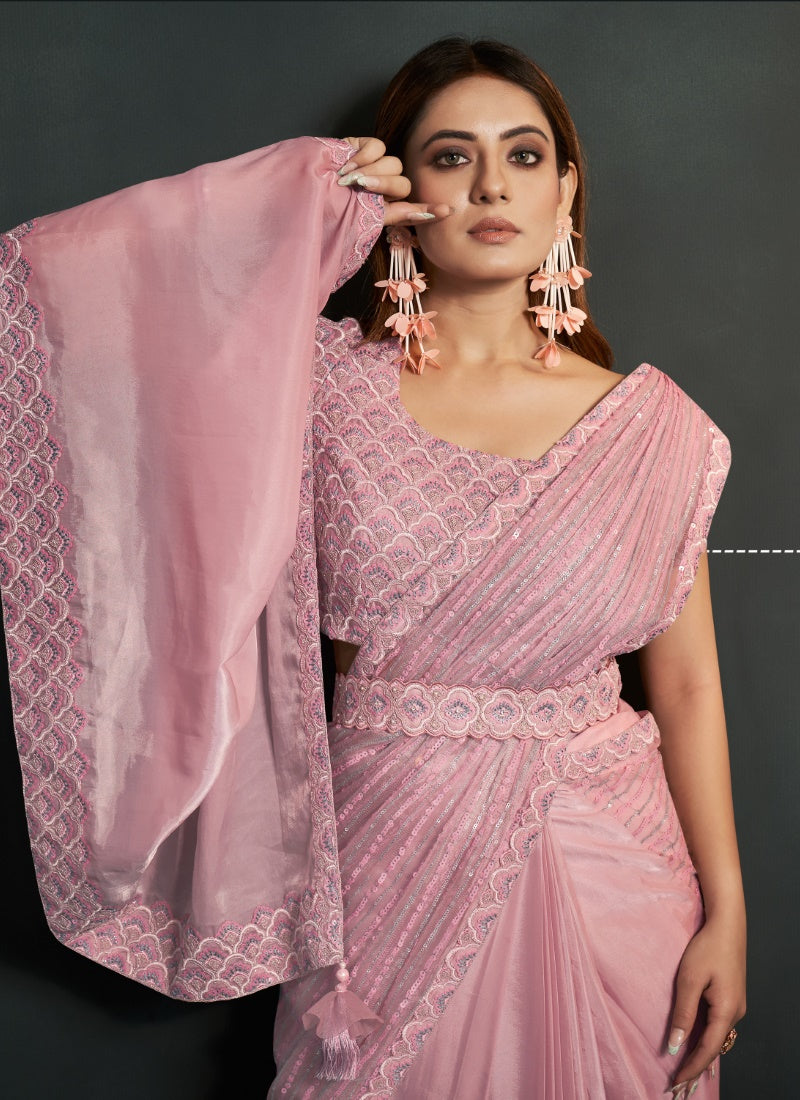 Pink Organza Silk Party Wear Designer Saree With Sequins, Stone and Thread Work-2