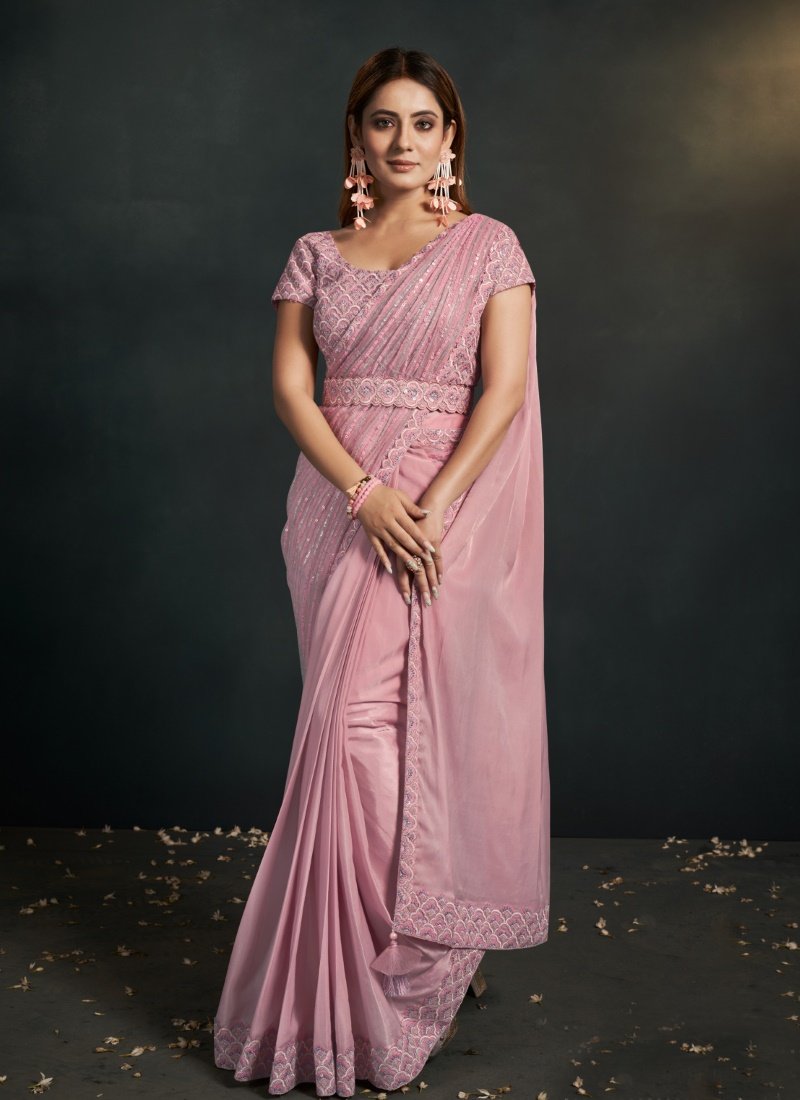 Pink Organza Silk Party Wear Designer Saree With Sequins, Stone and Thread Work