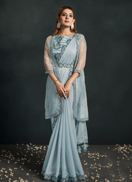 Sky Blue Silk Party Wear Designer Saree With Sequins, Stone and Thread Work