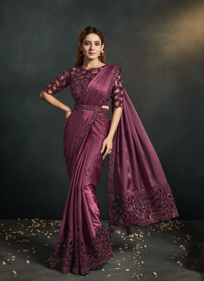 Purple Silk Party Wear Designer Saree With Sequins, Stone and Thread Work