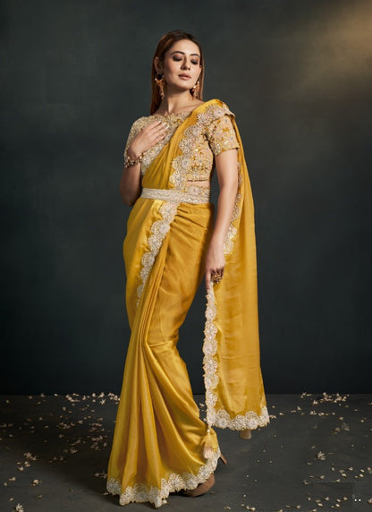 Yellow Silk Party Wear Designer Saree With Sequins, Stone and Thread Work