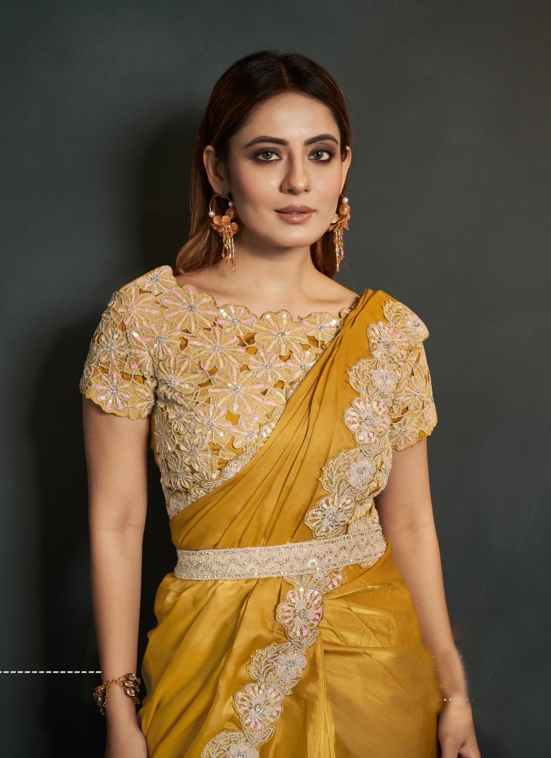 Yellow Silk Party Wear Designer Saree With Sequins, Stone and Thread Work-2