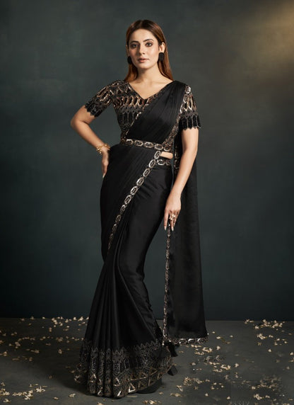 Black Organza Silk Party Wear Designer Saree With Sequins, Stone and Thread Work