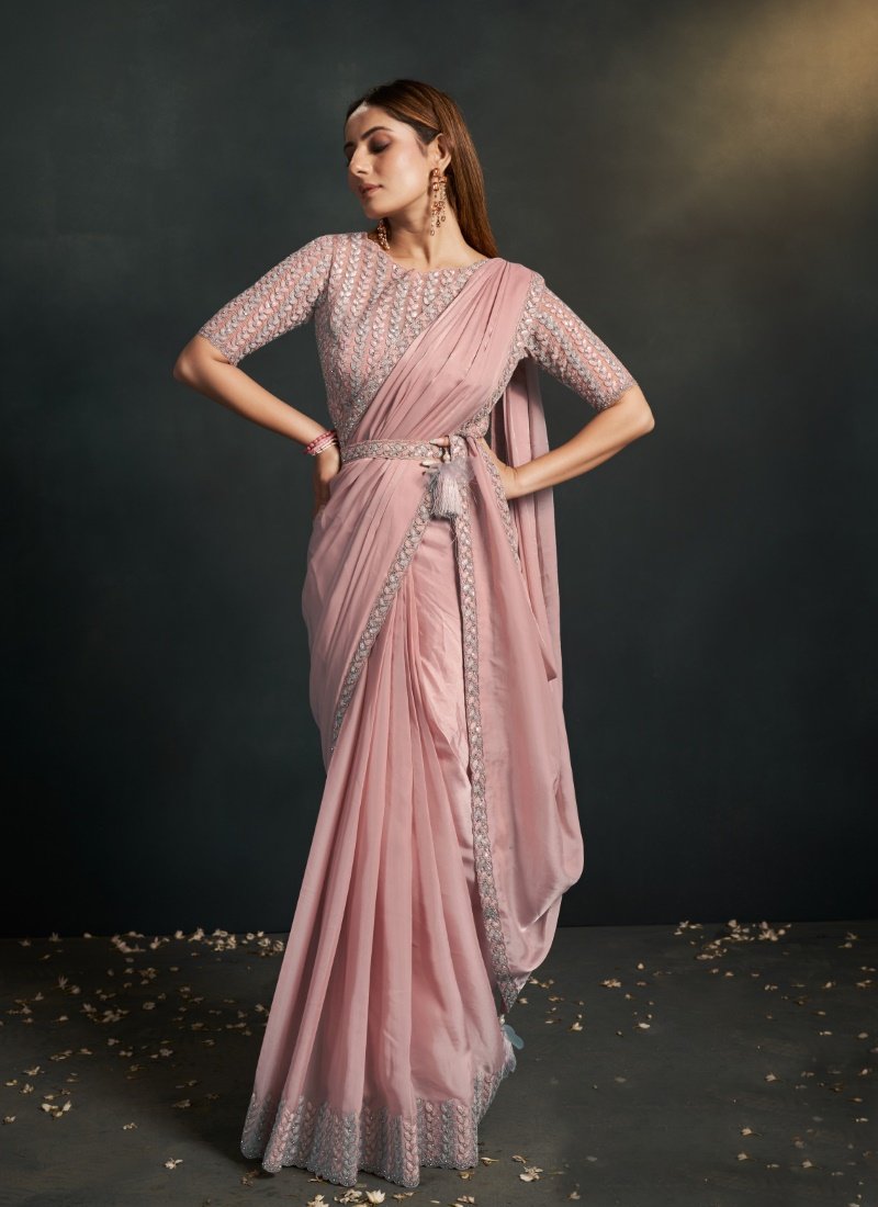 Light Pink Organza Silk Party Wear Designer Saree With Sequins, Stone and Thread Work