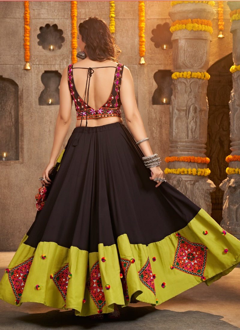 Black Cotton Navratri Chaniya Choli With Thread and Mirror Work-2