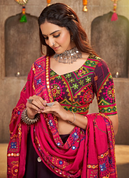 Purple Cotton Navratri Chaniya Choli With Thread and Mirror Work-2