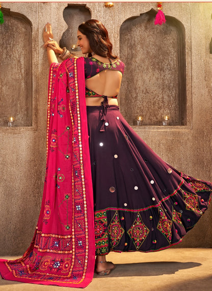 Purple Cotton Navratri Chaniya Choli With Thread and Mirror Work-2