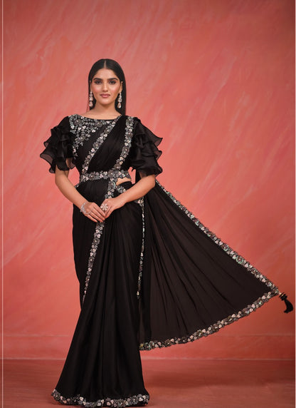 Black Designer Party Wear Saree With Thread and Stone Work