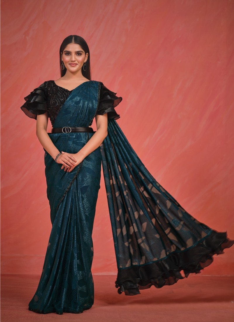 Teal Blue Designer Party Wear Saree With Thread and Stone Work