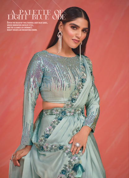 Sea Green Designer Party Wear Saree With Thread and Stone Work-2