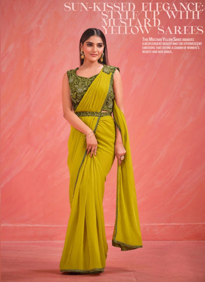 Mustard Yellow Designer Party Wear Saree With Thread and Stone Work