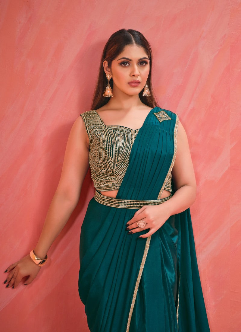 Teal Blue Designer Party Wear Saree With Thread and Stone Work-2