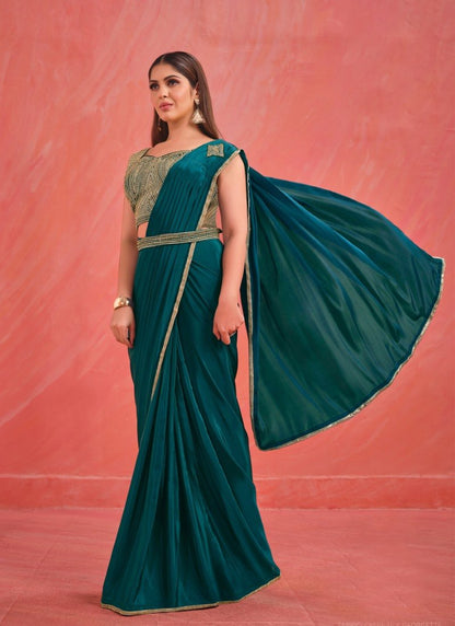 Teal Blue Designer Party Wear Saree With Thread and Stone Work