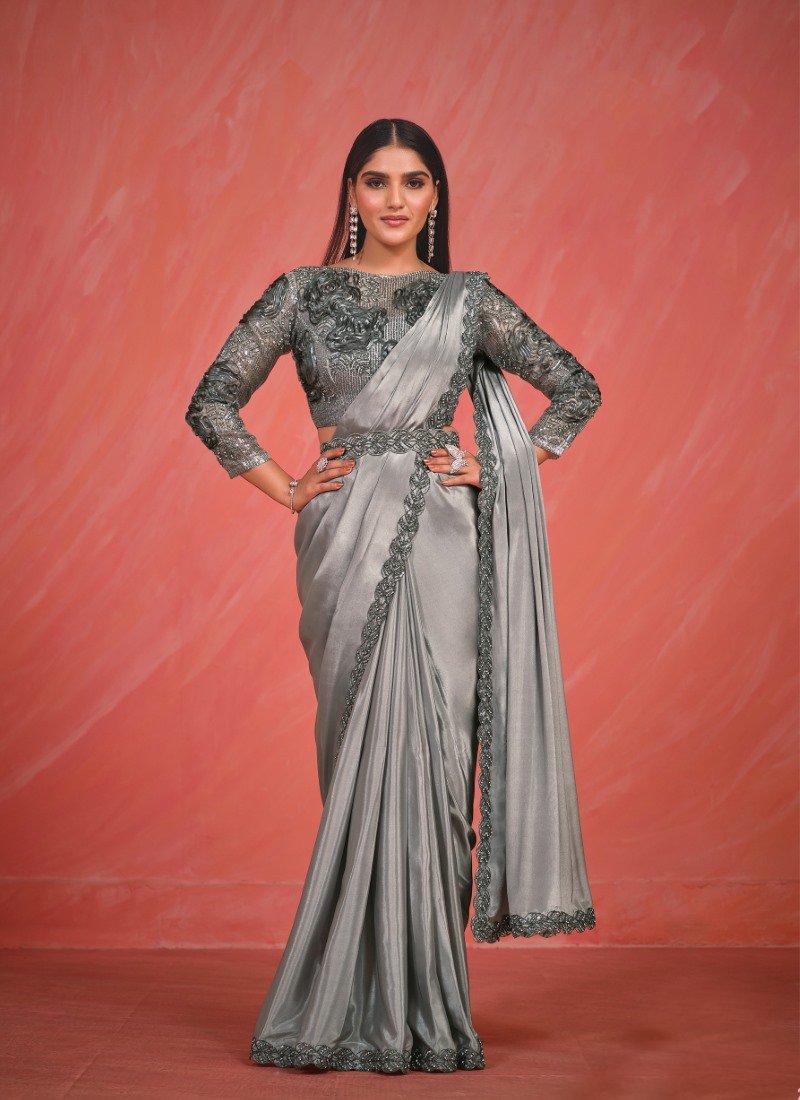 Silver Designer Party Wear Saree With Thread and Stone Work