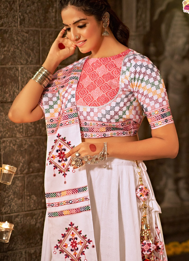 White Cotton Navratri Lehenga Choli With Embroidered and Mirror Work-2