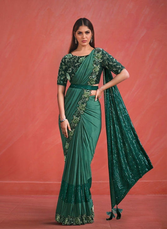 Green Designer Party Wear Saree With Thread and Stone Work