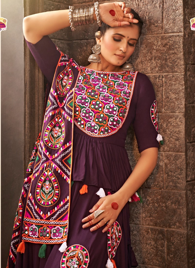 Purple Rayon Navratri Lehenga Choli With Embroidered and Mirror Work-2