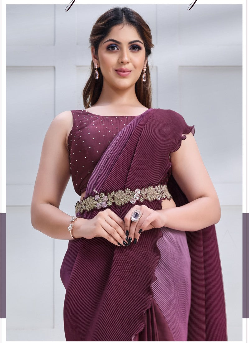 Purple Silk Designer Party Wear Saree With Stone and Sequins work-2