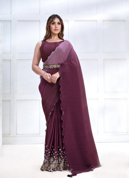 Purple Silk Designer Party Wear Saree With Stone and Sequins work-2