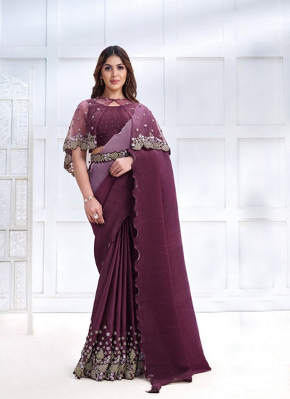 Purple Silk Designer Party Wear Saree With Stone and Sequins work