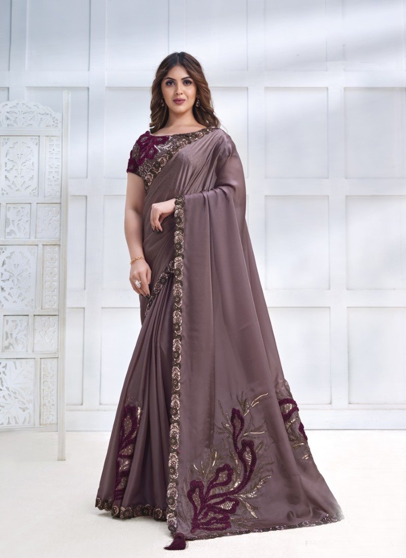 Purple Silk Designer Party Wear Saree With Stone and Sequins work