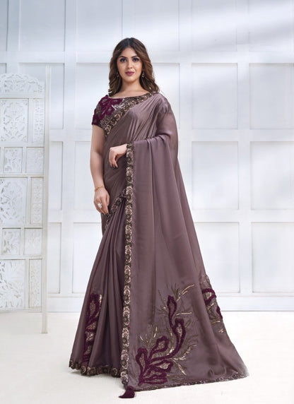 Purple Silk Designer Party Wear Saree With Stone and Sequins work