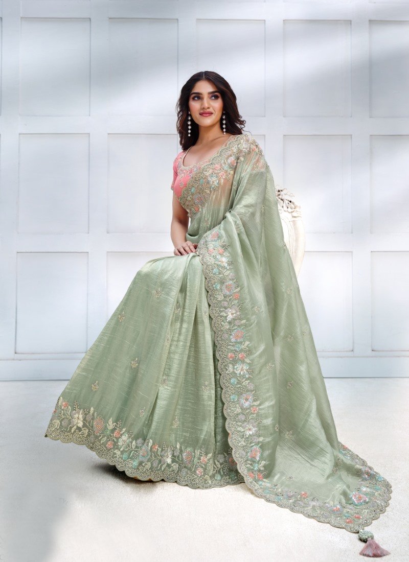 Pista Green Silk Designer Party Wear Saree With Stone and Sequins work-2