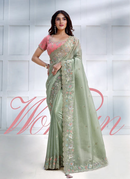 Pista Green Silk Designer Party Wear Saree With Stone and Sequins work