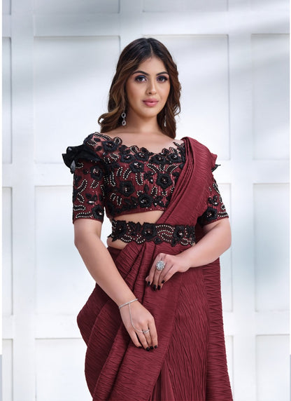 Maroon Silk Designer Party Wear Saree With Stone and Sequins work-2