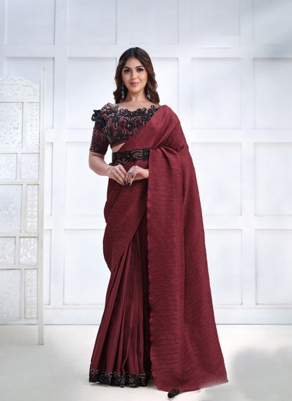 Maroon Silk Designer Party Wear Saree With Stone and Sequins work