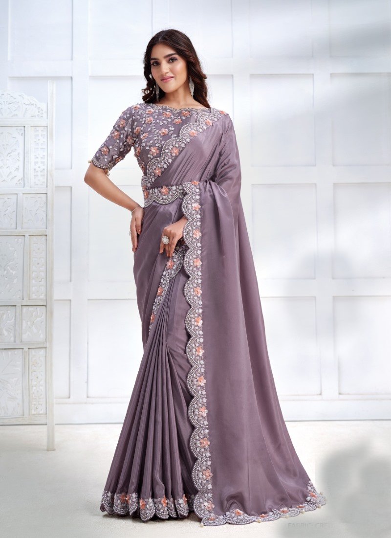 Light Purple Silk Designer Party Wear Saree With Stone and Sequins work