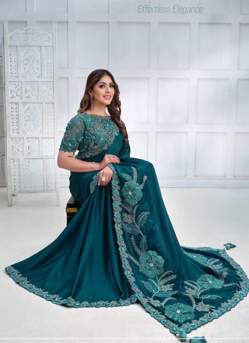 Teal Blue Silk Designer Party Wear Saree With Stone and Sequins work-2