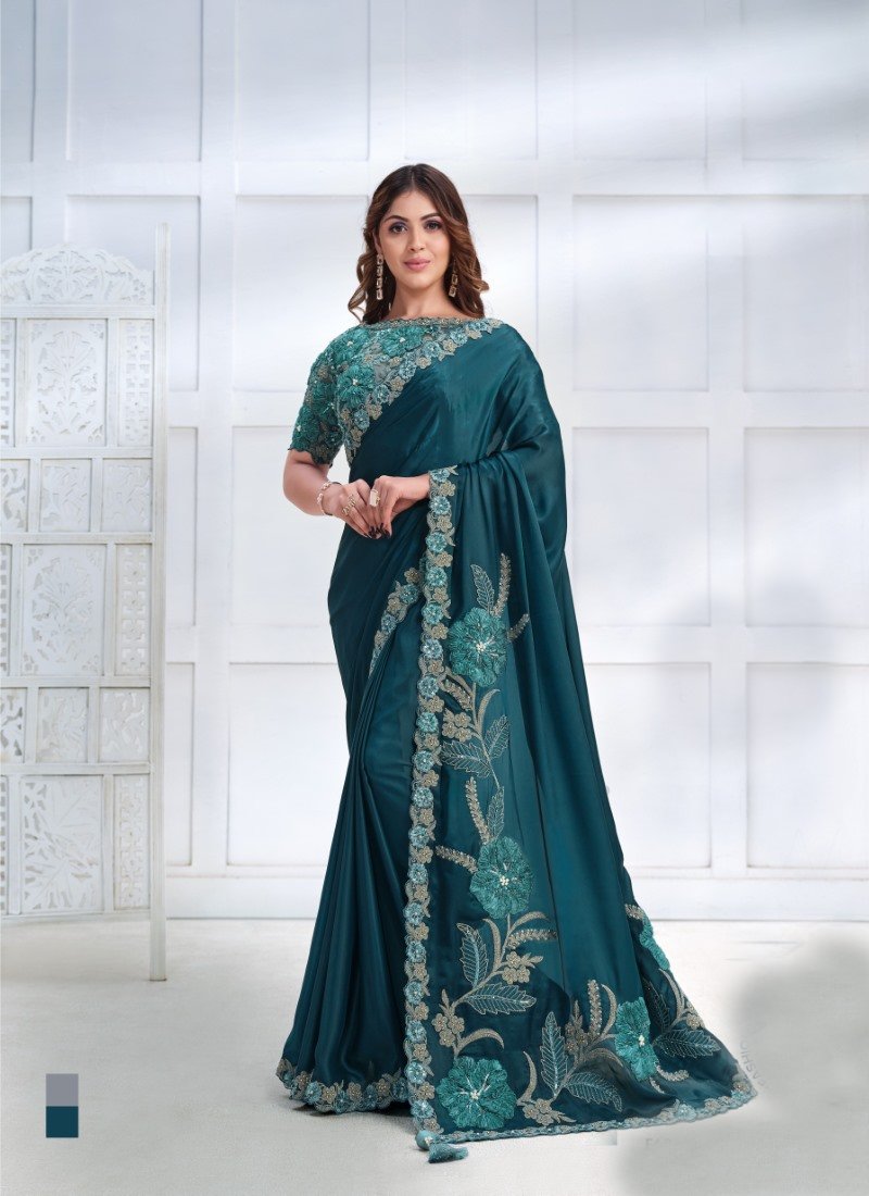 Teal Blue Silk Designer Party Wear Saree With Stone and Sequins work