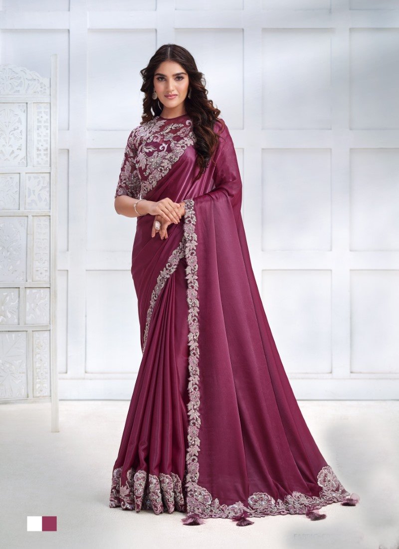 Maroon Silk Designer Party Wear Saree With Stone and Sequins work