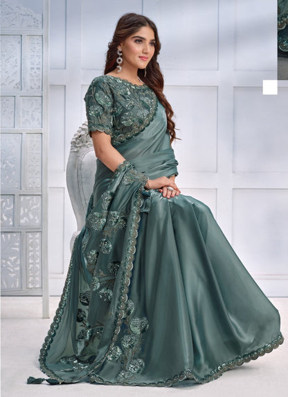 Teal Blue Silk Designer Party Wear Saree With Stone and Sequins work-2