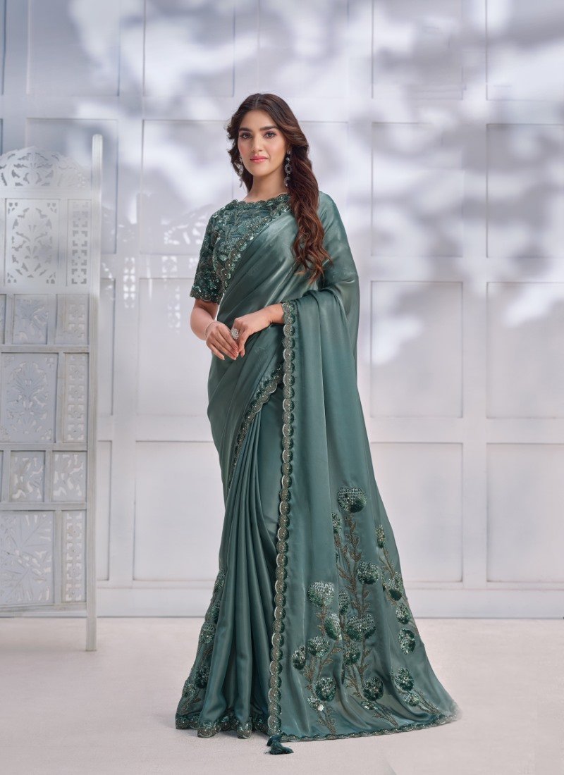 Teal Blue Silk Designer Party Wear Saree With Stone and Sequins work