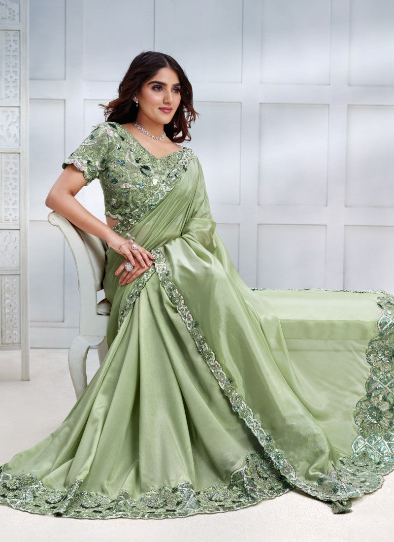 Pista Green Silk Designer Party Wear Saree With Stone and Sequins work-2