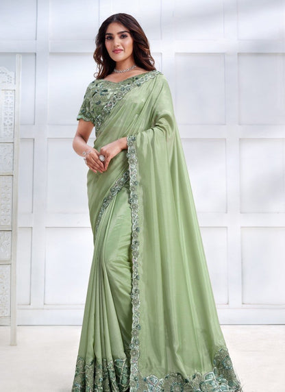 Pista Green Silk Designer Party Wear Saree With Stone and Sequins work