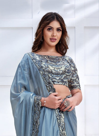 Sky Blue Silk Designer Party Wear Saree With Stone and Sequins work-2