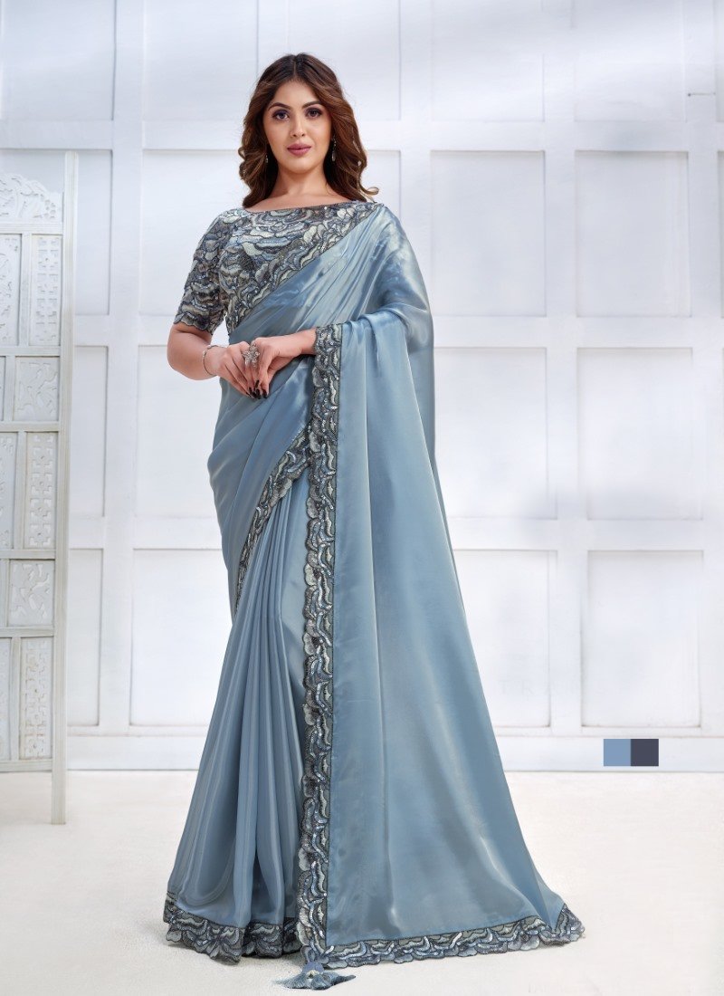 Sky Blue Silk Designer Party Wear Saree With Stone and Sequins work