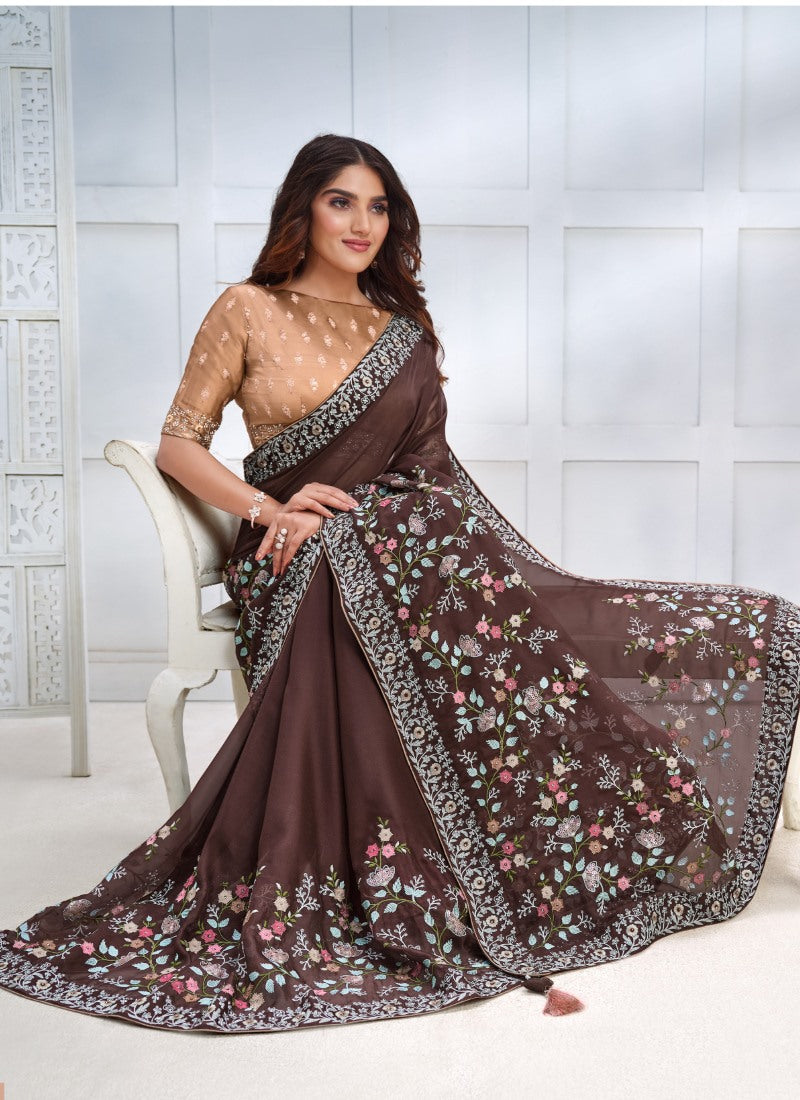 Brown Silk Designer Party Wear Saree With Stone and Sequins work-2