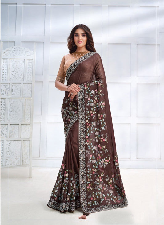 Brown Silk Designer Party Wear Saree With Stone and Sequins work