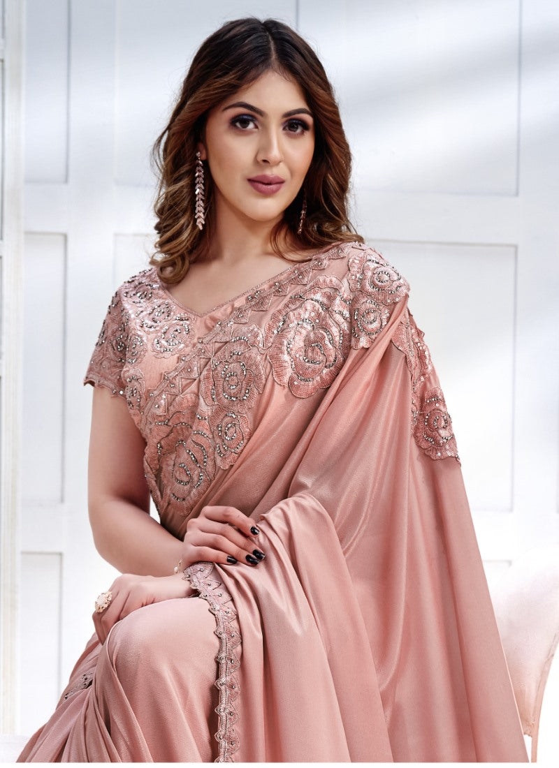 Peach Silk Designer Party Wear Saree With Stone and Sequins work-2