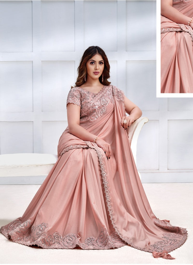 Peach Silk Designer Party Wear Saree With Stone and Sequins work-2